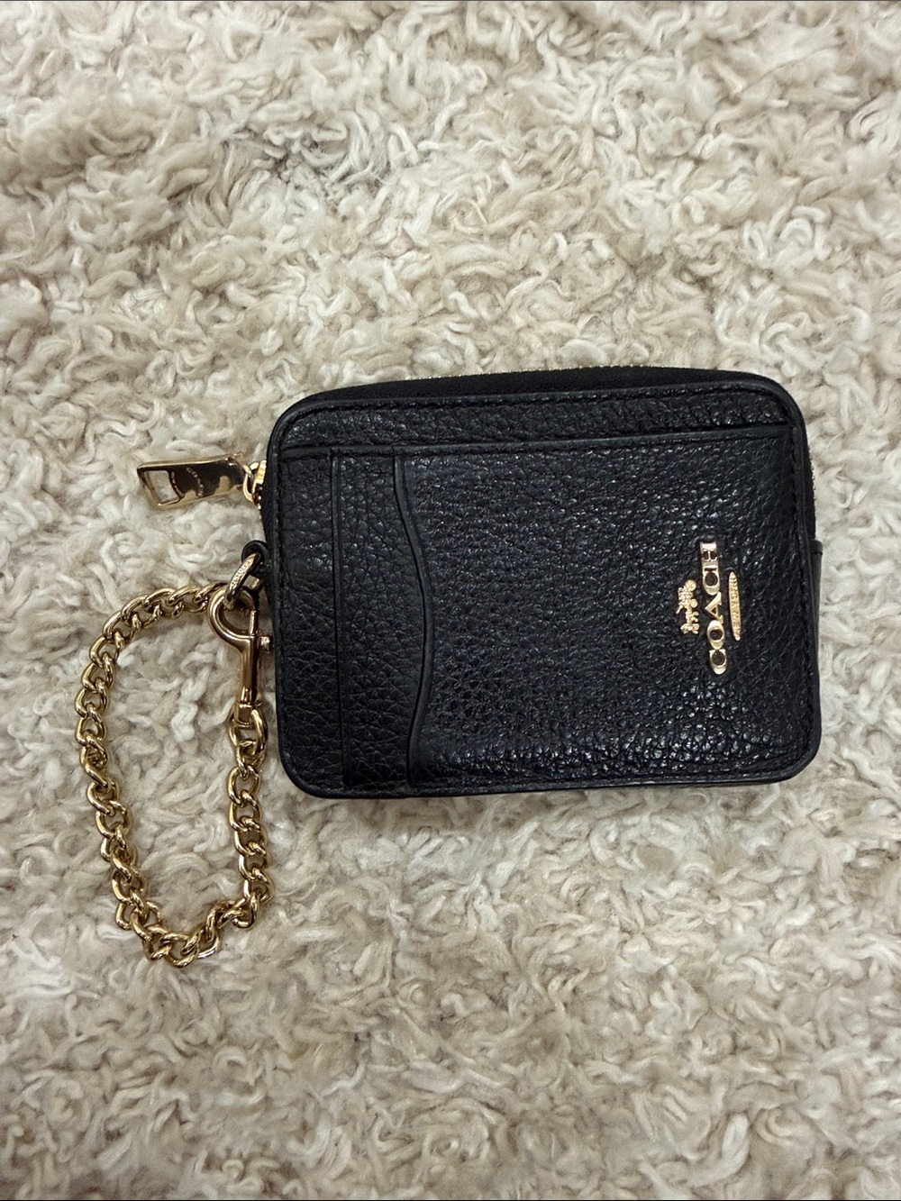 Coach Black Pebbled Leather Card Holder with Gold Chain